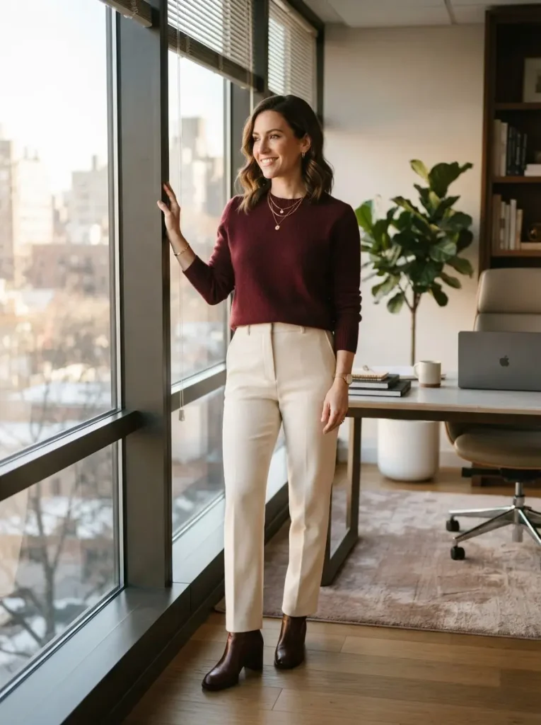 11. Burgundy Sweater With Neutral Trousers