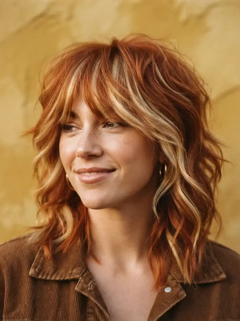 11. Copper Shag with Chunky Butter Blonde Highlights