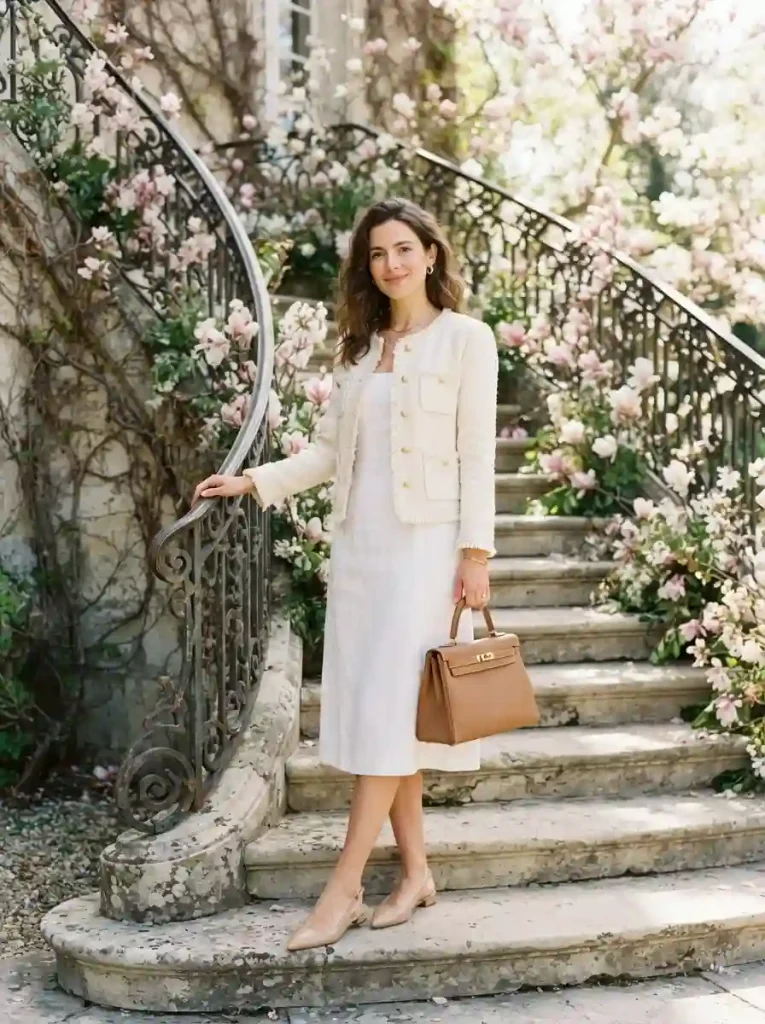11. Lightweight Tweed Jacket with a Simple White Dress