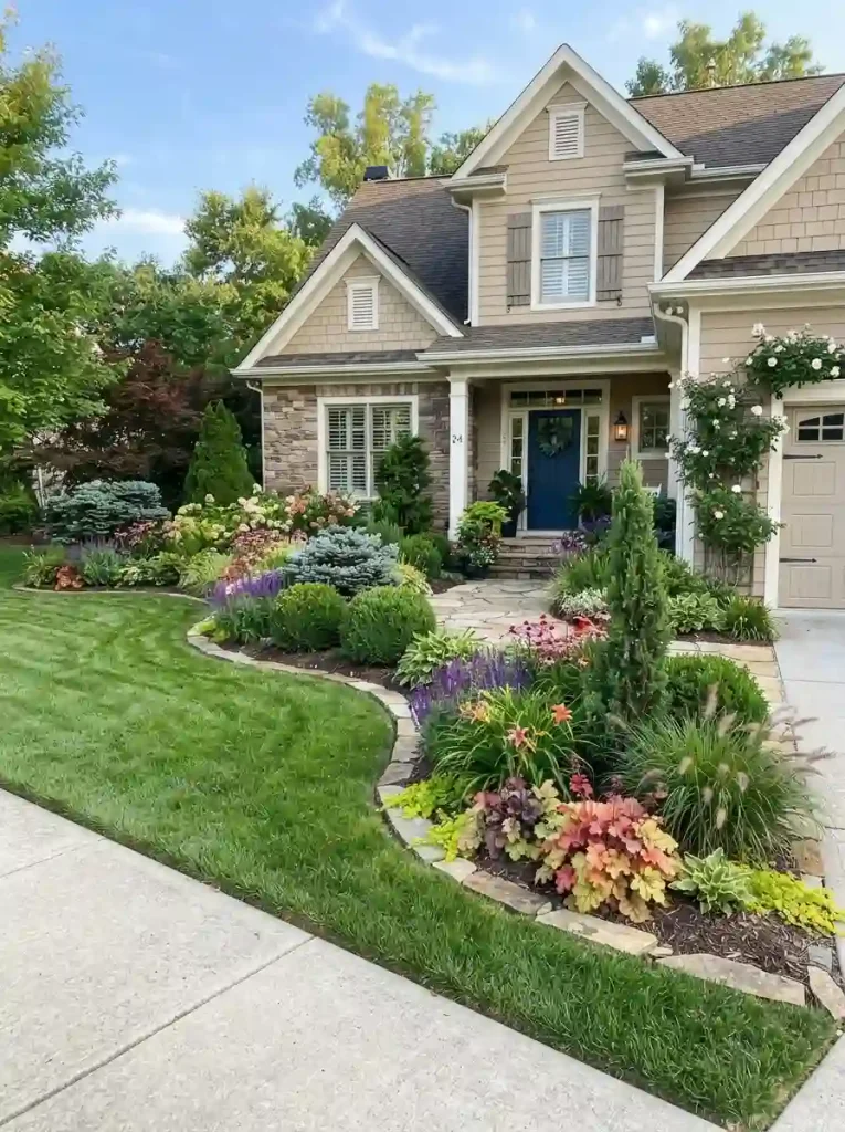 11. Mix Evergreen Shrubs With Seasonal Flowers
