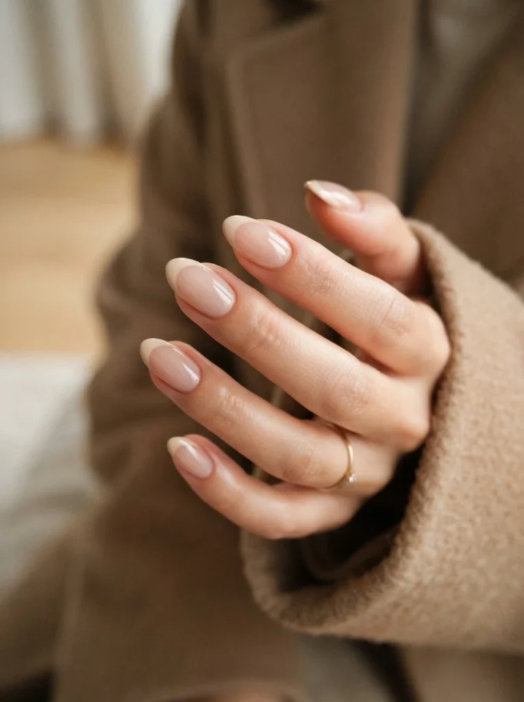 11. Nude Nails with Curved Beige French Tips