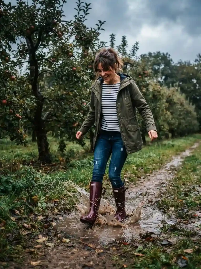 11. Olive Anorak with Burgundy Rain Boots