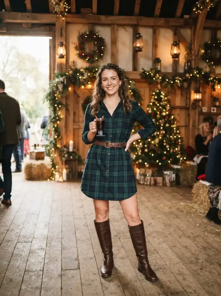 11. Plaid Shirt Dress with Knee-High Boots