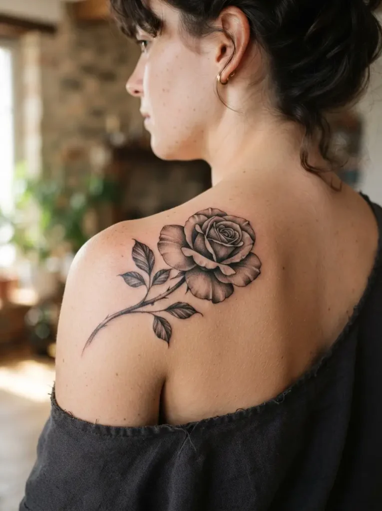 11. Rose Shoulder Tattoo with Shaded Petals
