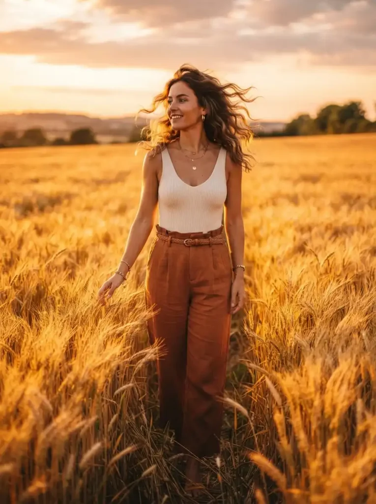 11. Rust Paperbag-Waist Pants with a Cream Bodysuit