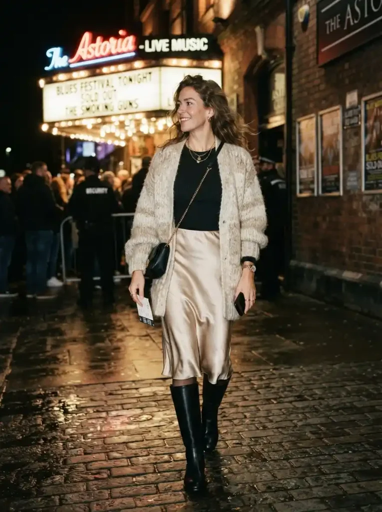 11. Satin Skirt With A Chunky Cardigan