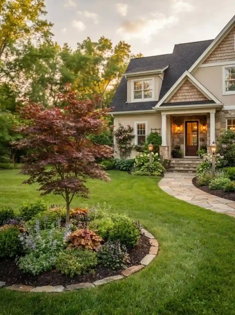 12. Add a Small Decorative Tree in a Lawn Corner