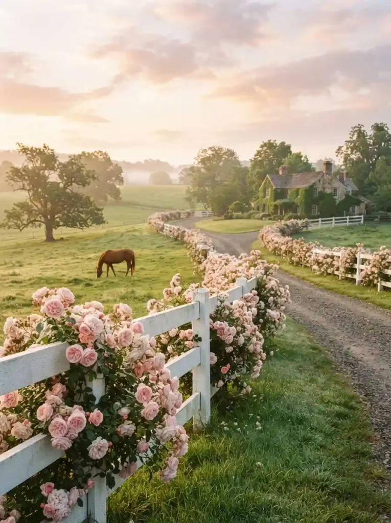 12. Add post-and-rail fencing with climbing roses