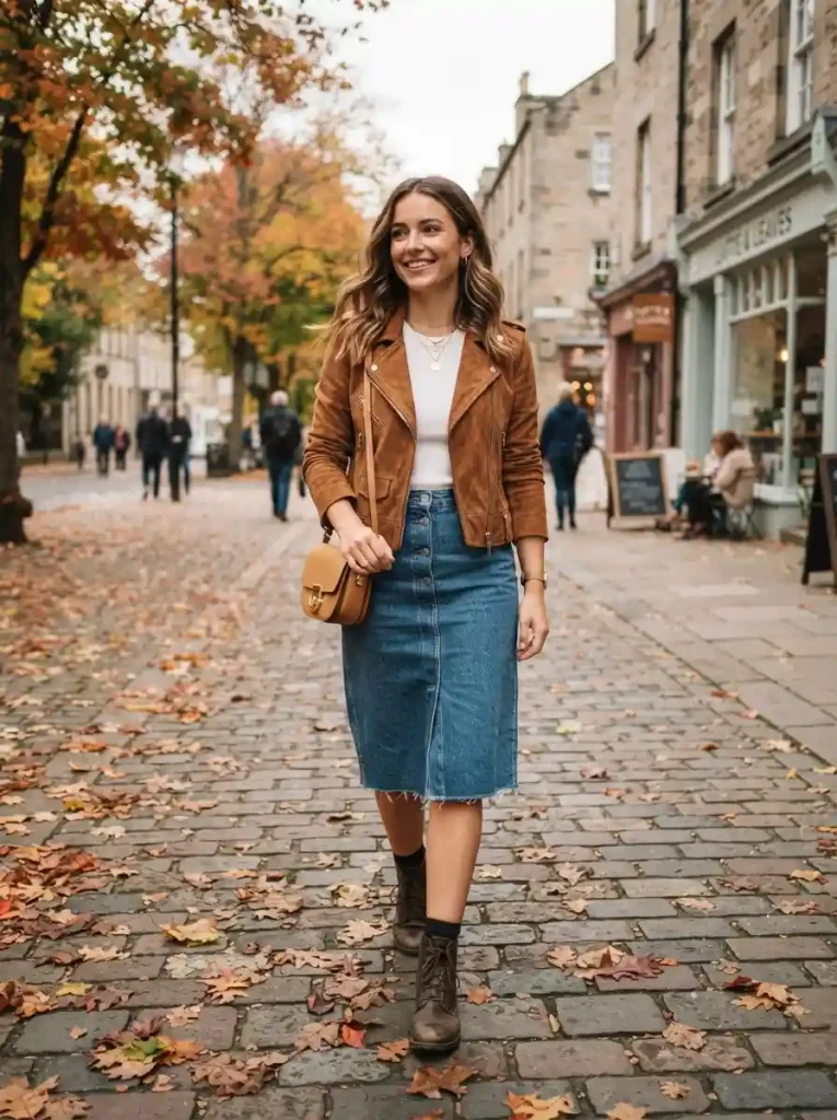 12. Brown Suede Jacket With a Denim Skirt
