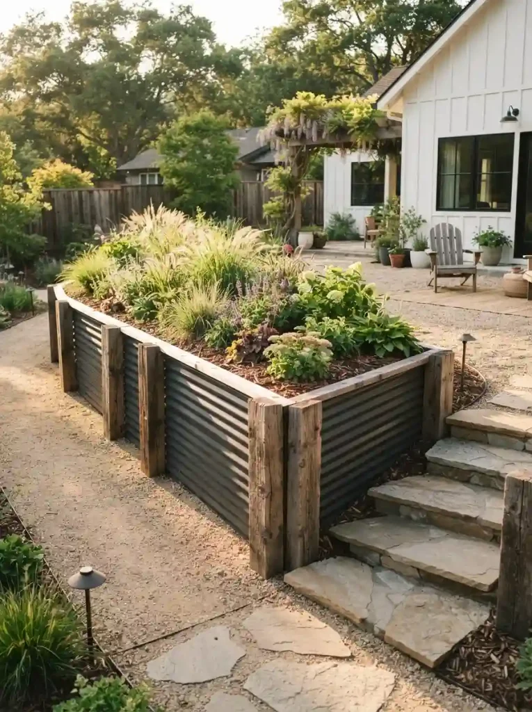 12. Corrugated Metal and Timber Retaining Wall