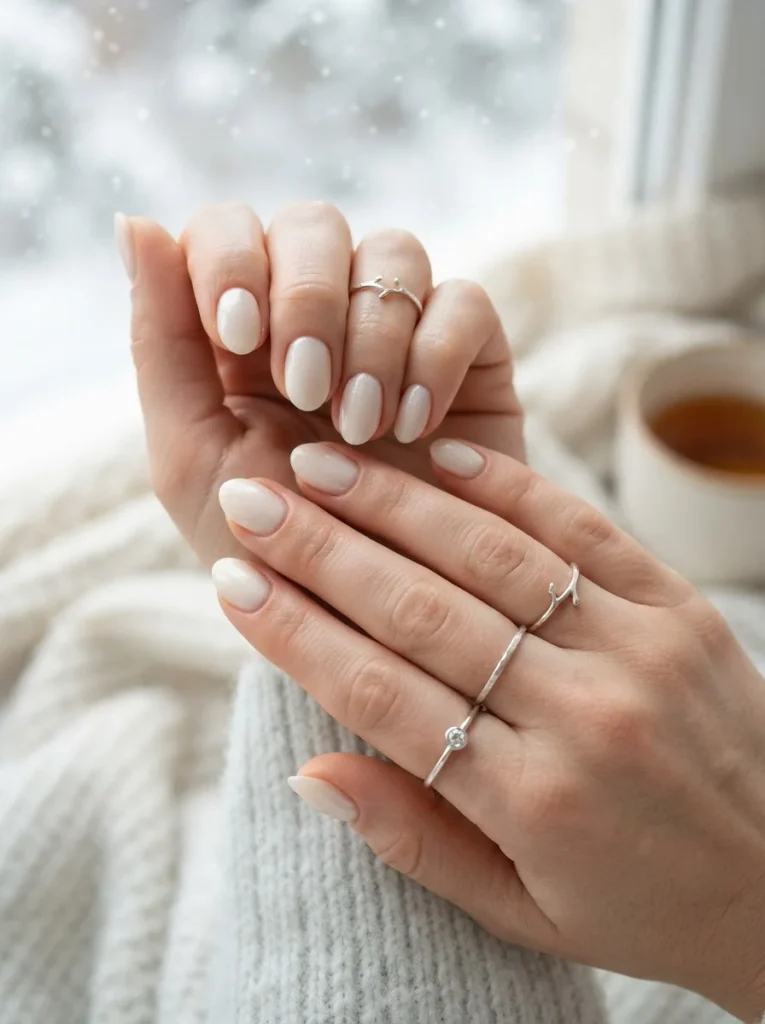 12. Creamy White Nails with Frosted Shine
