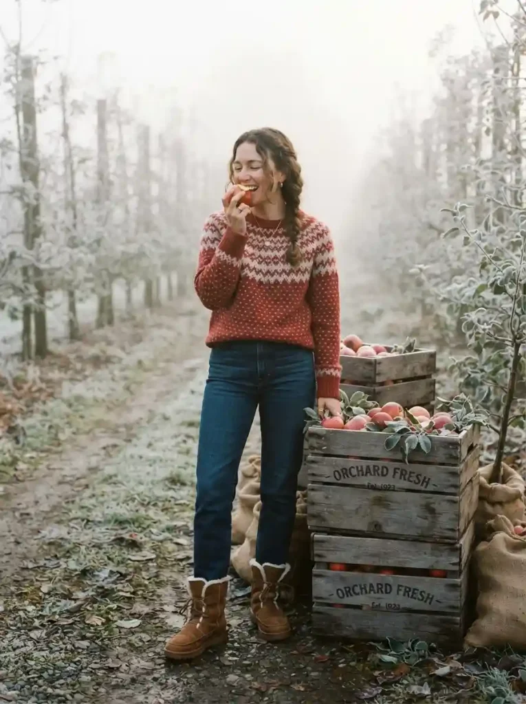 12. Fair Isle Sweater with Straight Jeans and Shearling Boots