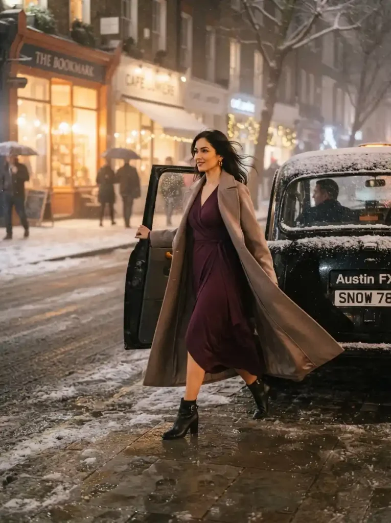 12. Jewel-Tone Wrap Dress with a Long Wool Coat