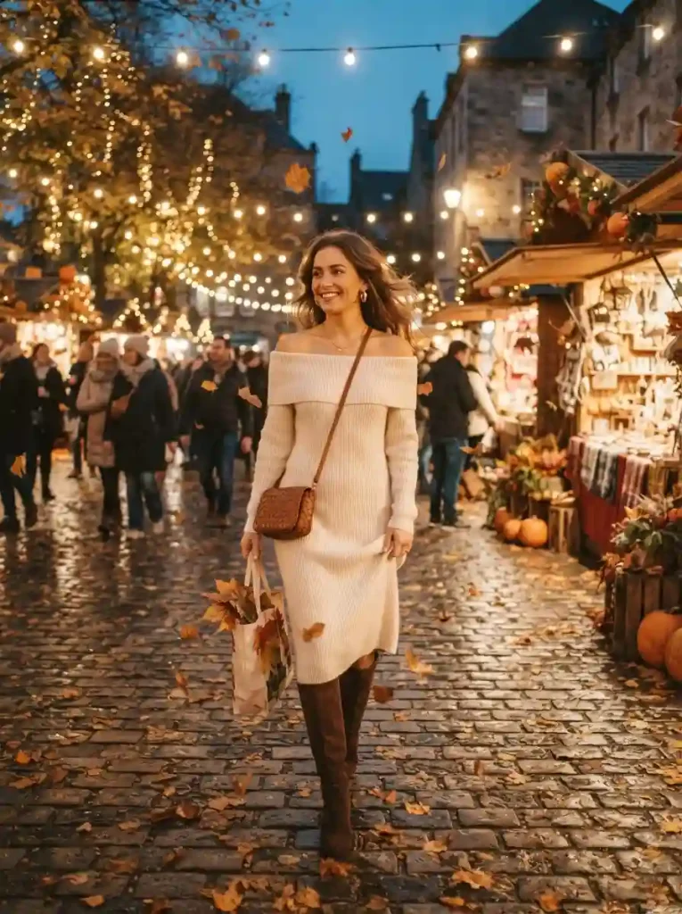 12. Off-Shoulder Knit Dress With Knee-High Boots