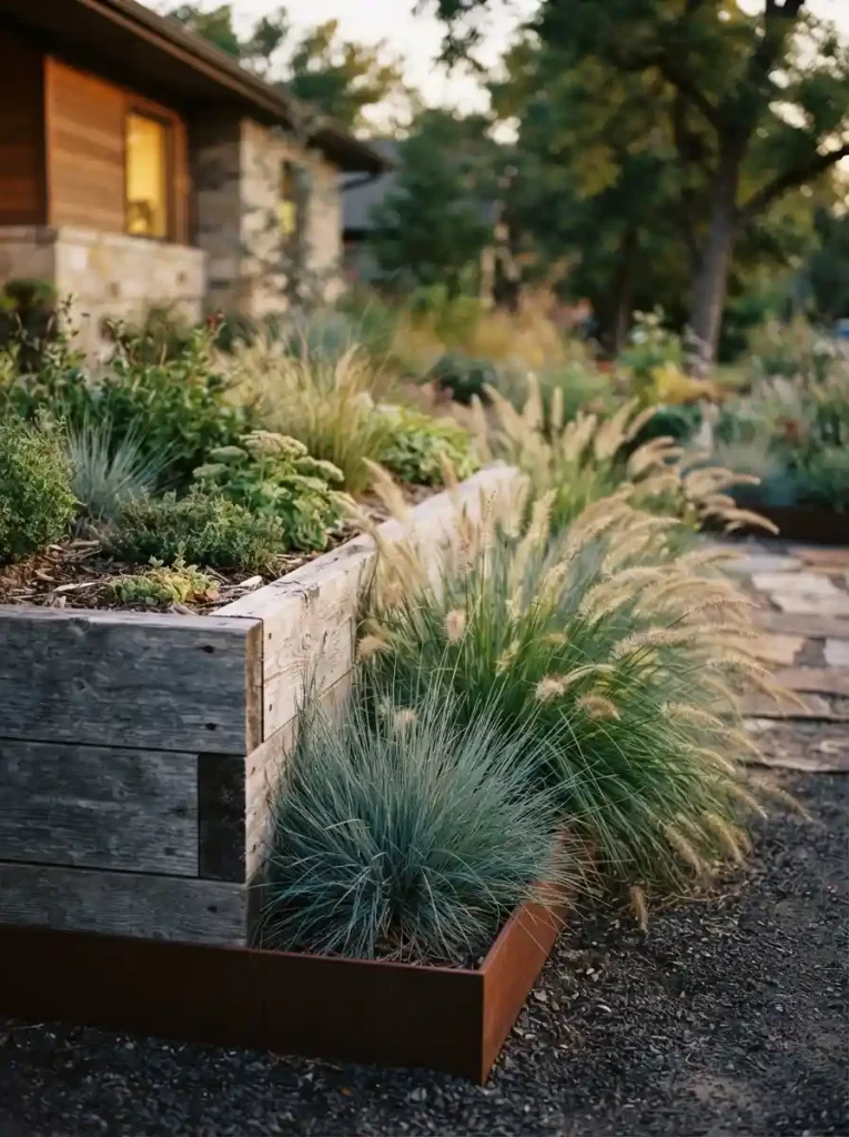 12. Ornamental Grasses With Weathered Timber