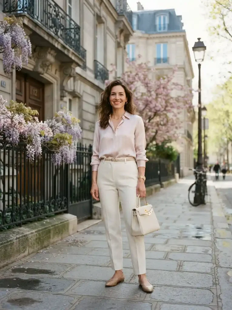 12. Pale Pink Blouse with Ivory Tailored Trousers
