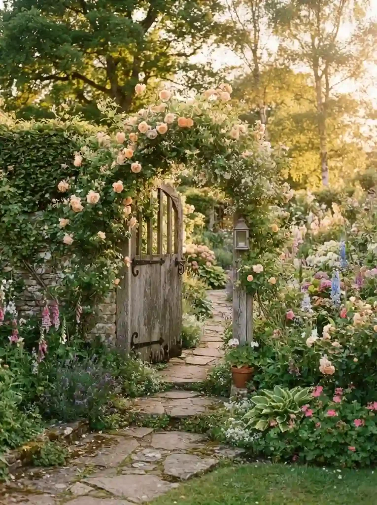 12. Peach Roses Beside a Garden Gate