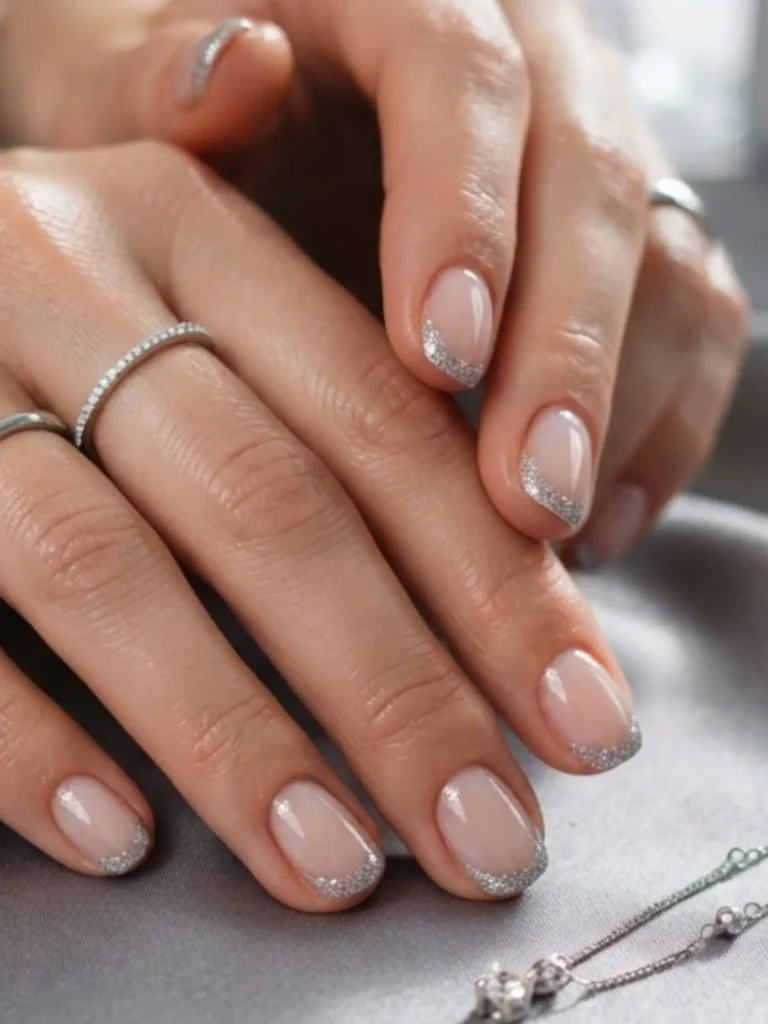 12. Short Birthday Nails With Silver Glitter