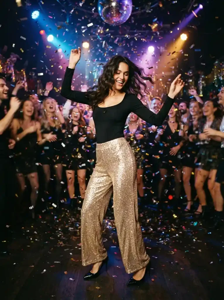 12. Wide-Leg Sequin Trousers with a Black Bodysuit