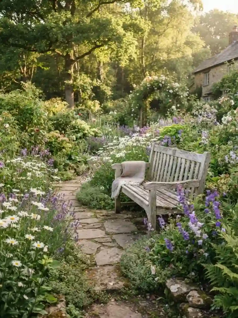 13. Add a Rustic Wooden Garden Bench