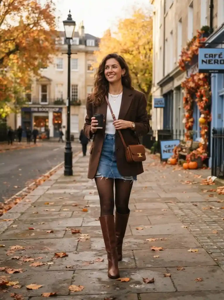 13. Brown Blazer With a Denim Mini Skirt