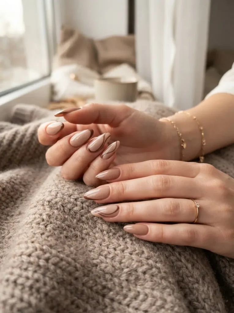 13. Mocha Nude Nails with Delicate Side Accents