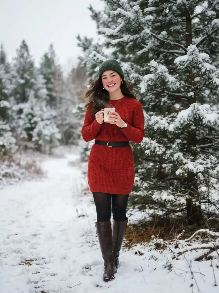 13. Red Sweater Dress with Tall Boots