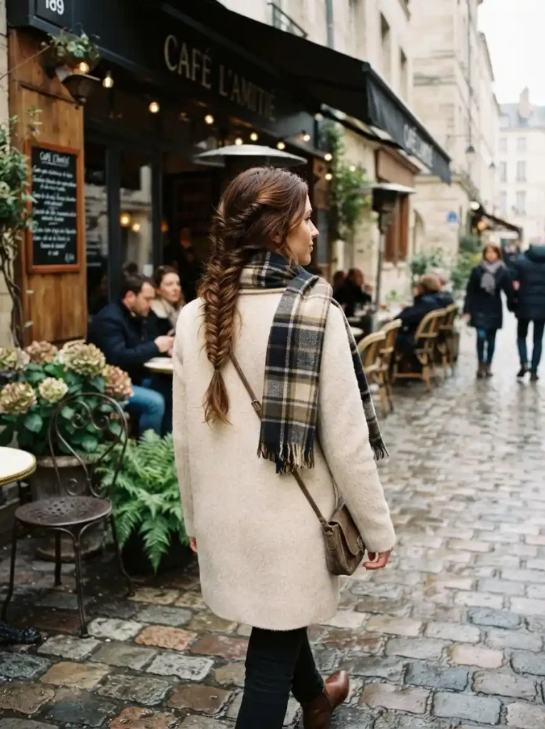 13. Side-Swept Fishtail Braid with a Winter Scarf