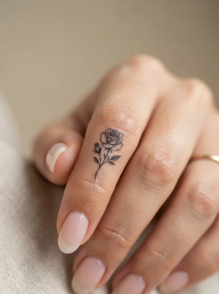 13. Tiny Rose Finger Tattoo