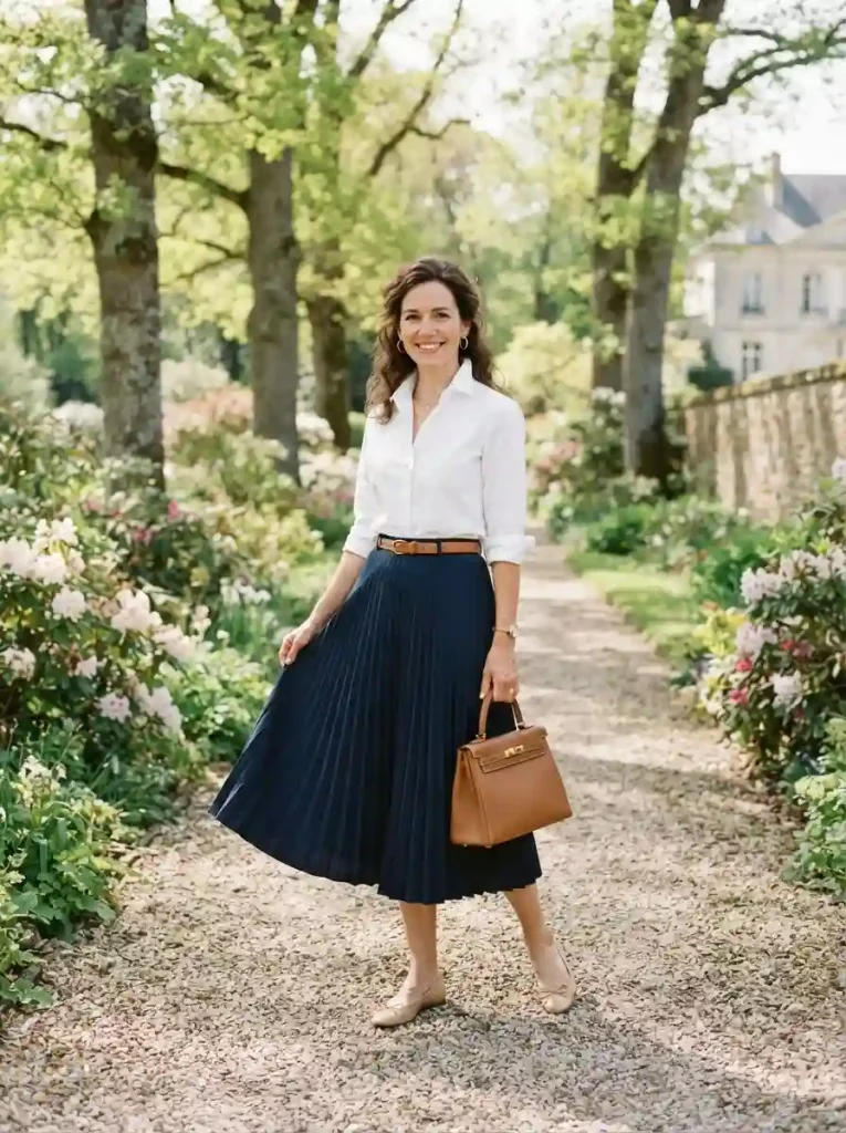 13. White Button-Down Shirt with a Navy Midi Skirt