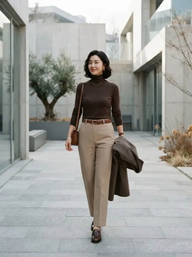 14. Brown Turtleneck With Beige Trousers