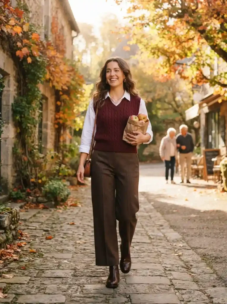 14. Burgundy Sweater Vest Over a Collared Shirt