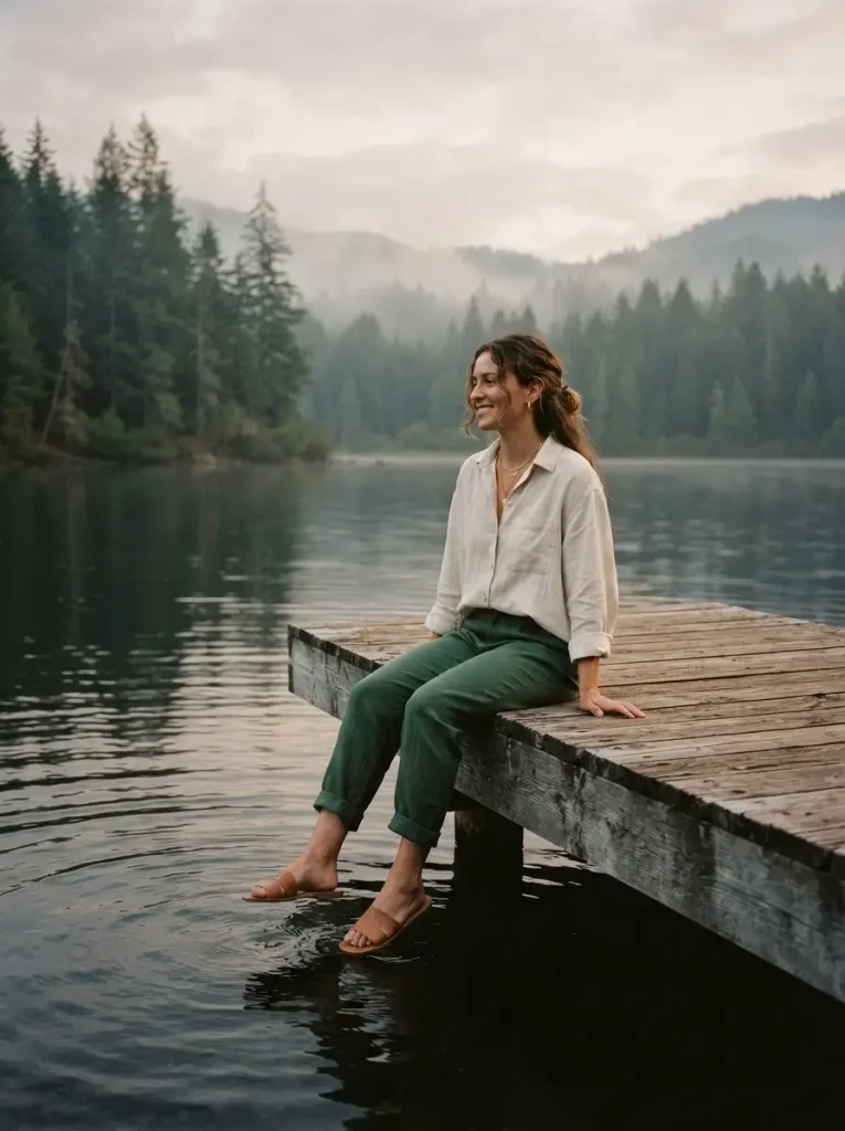 14. Forest Green Pants with a Cream Linen Shirt