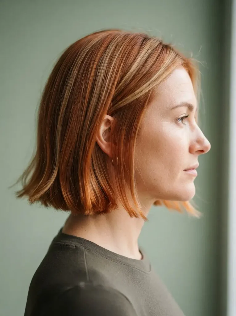 14. Short Copper Lob with Sandy Blonde Highlights