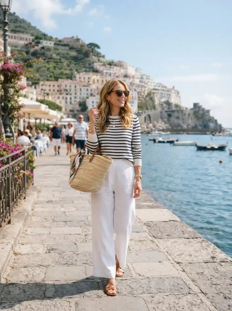 14. Striped Knit Sweater with White Linen Trousers