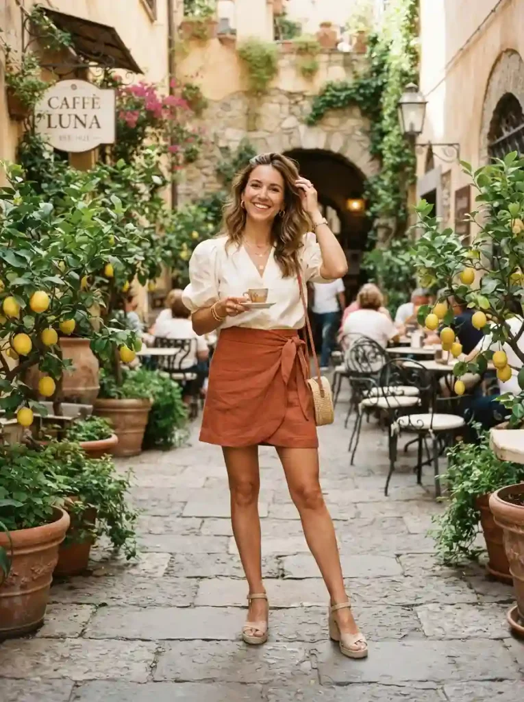 14. Wrap Mini with a Puff-Sleeve Blouse