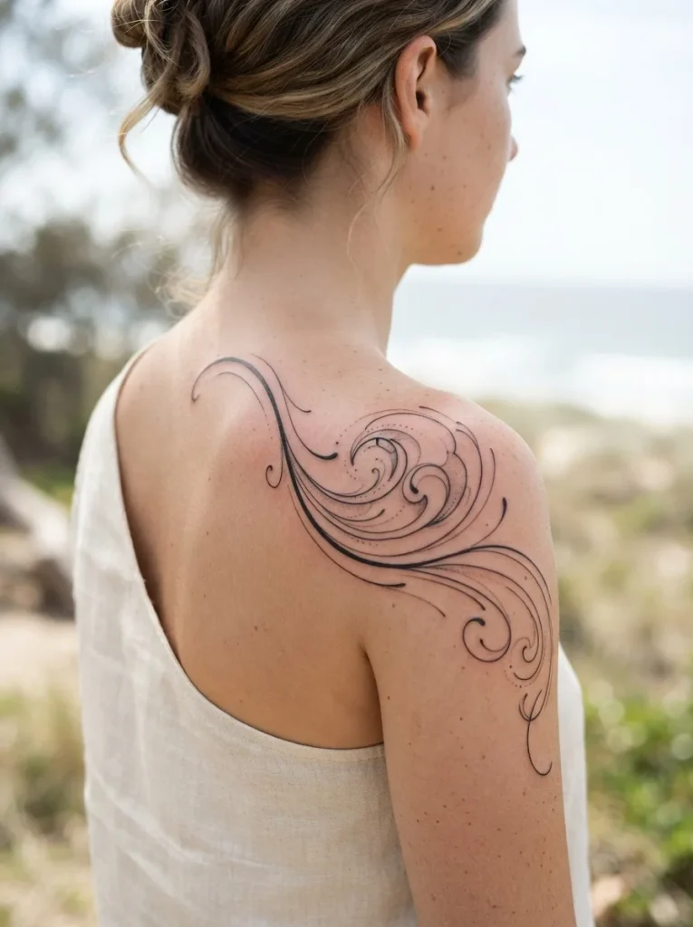 15. Abstract Wave Shoulder Tattoo