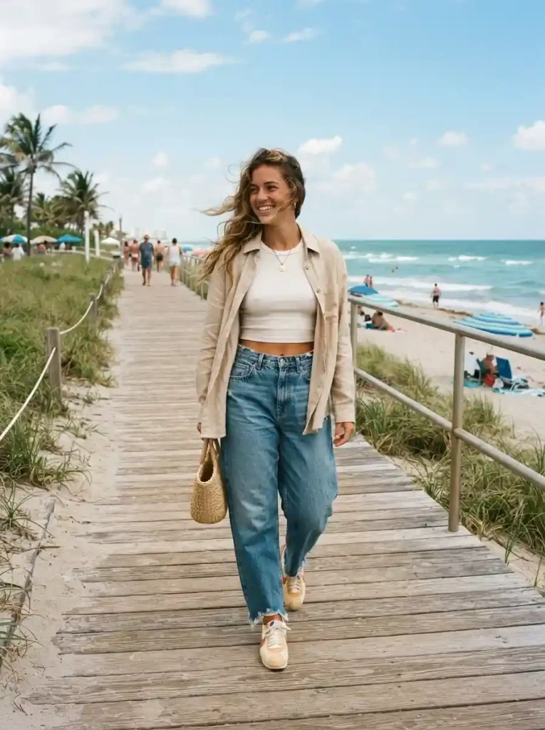 15. Baggy Jeans with a Cropped Tank and Overshirt