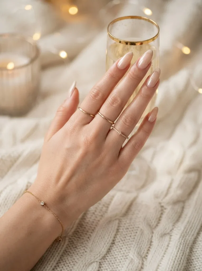 15. Neutral French Tips with a Shimmering Base