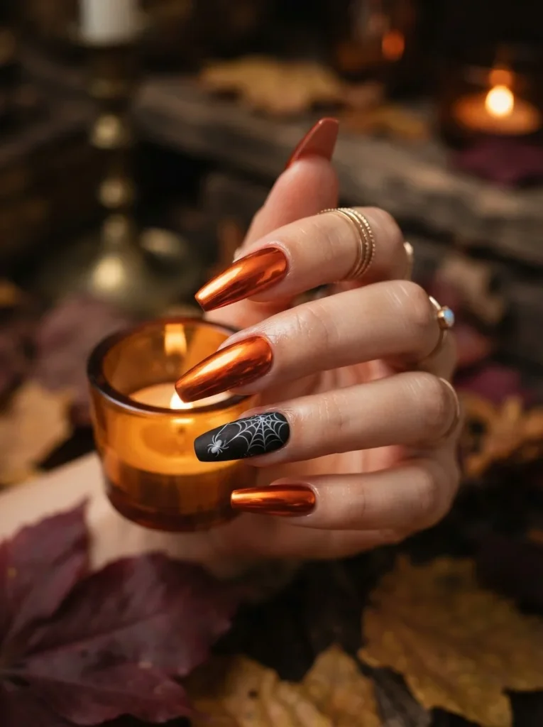 15. Orange Chrome Halloween Nails