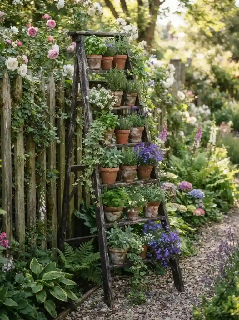 15. Repurpose an Old Wooden Ladder as a Garden Display