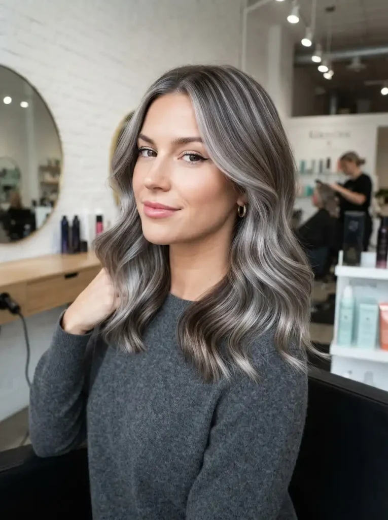 15. Silver Highlights on Shoulder-Length Hair