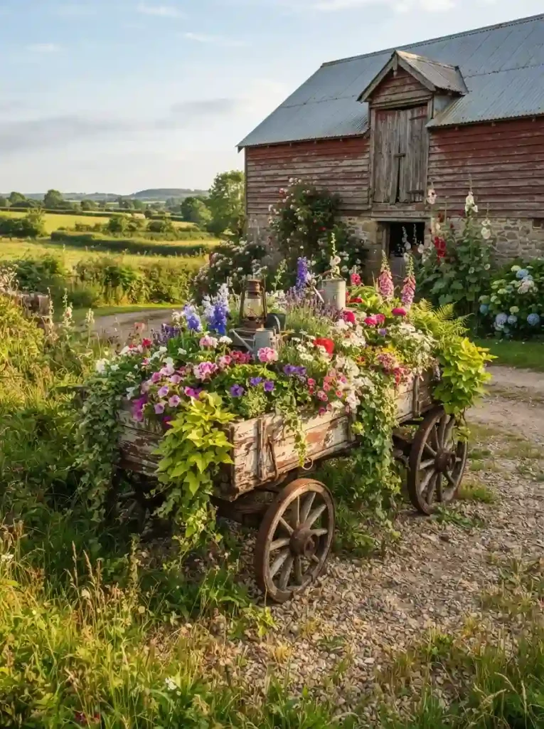 15. Use a Wooden Wagon as a Garden Feature