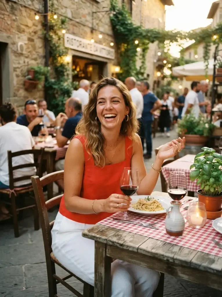 15. White Pants with a Tomato-Red Square-Neck Top