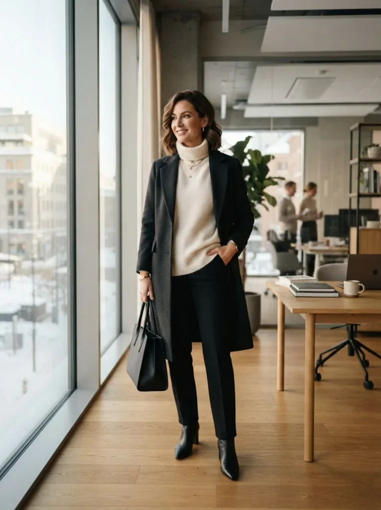 16. Black Trousers With a Cream Sweater