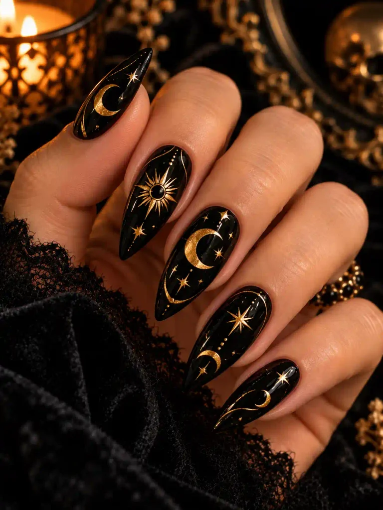 16. Black and Gold Witchy Nails