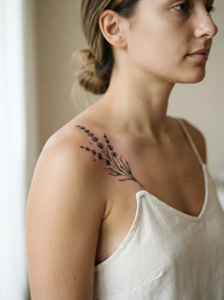 16. Lavender Sprig Shoulder Tattoo