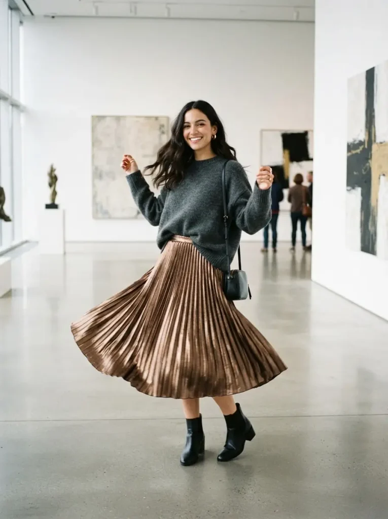 16. Metallic Pleated Skirt With an Oversized Sweater