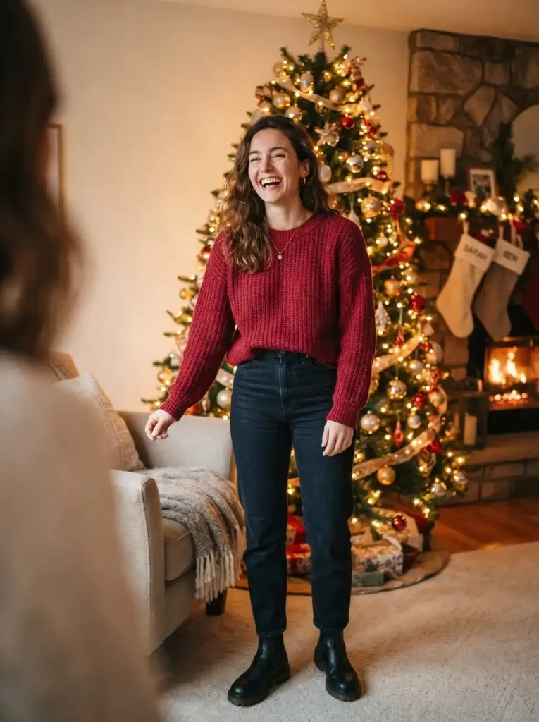 16. Red Sweater with Dark Denim