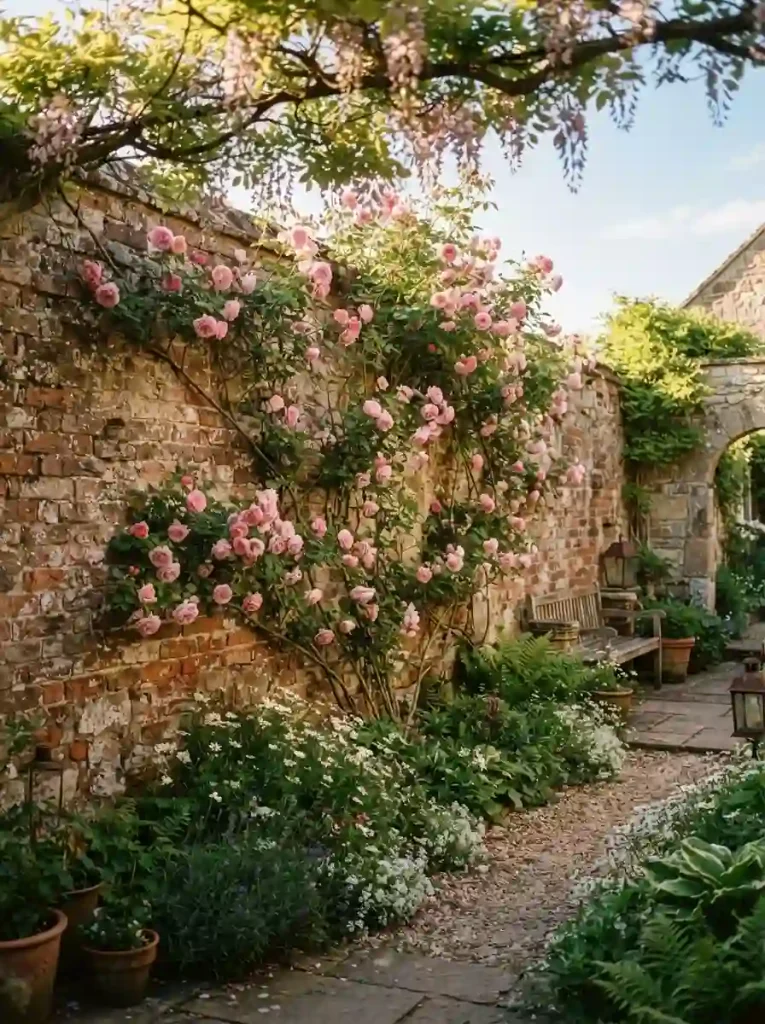 16. Roses Growing Beside a Garden Wall